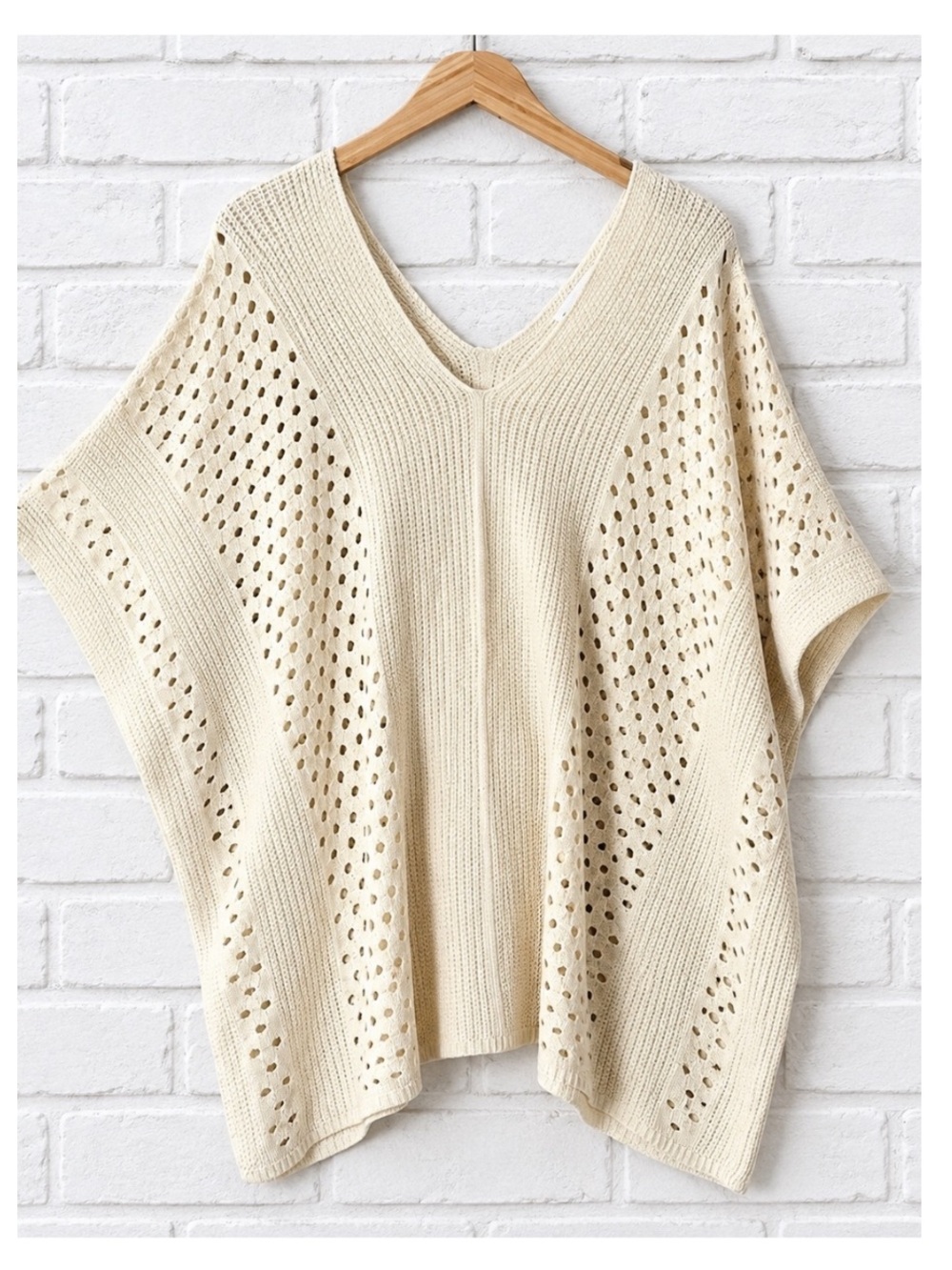 NWT FIRST LOVE Oversized Open Weave Crochet Poncho-Style V-Neck Sweater - Cream